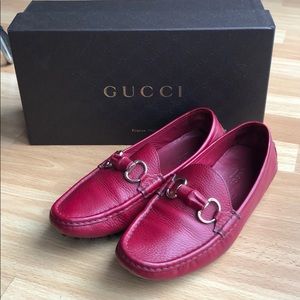 Gucci Red Leather Horsebit Loafers